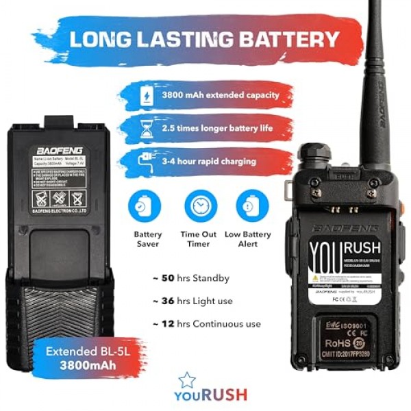 휴대용 햄 라디오 2팩 BAOFENG UV-5R 8W 듀얼 밴드 양방향 라디오(확장 배터리 포함) BL-5L 3800mAh 끈 및 USB 프로그래밍 케이블 및 USB 충전기 케이블 포함, 챠프 지원, 미국 보