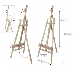 Paintersisters Academy 이젤 ELBA, 시작 높이 40-105cm, 들것 프레임 최대 120cm용, 너도밤나무 FSC®로 만든 스튜디오 이젤, 나무 이젤
