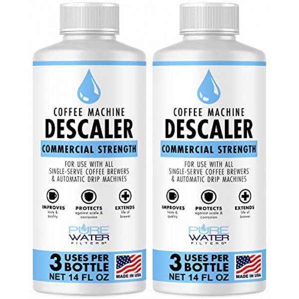 PureWater 필터 디스케일러 및 클리너(6개 용도) - MADE IN USA - Keurig Brewers, Nespresso, Delonghi, Breville 및 모든 커피 메이커 및 에스프레소 머신용 디스케일링 솔루션