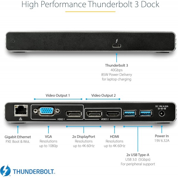 StarTech.com Thunderbolt 3 Dock - 듀얼 4K 60Hz 모니터 TB3 노트북 도킹 스테이션(DisplayPort, HDMI 및 1080p VGA 포함) - 85W 전력 공급 및 충전 - 2x USB-A, 이더넷 - Mac 및 Windows(TB3DK2DHVUE)