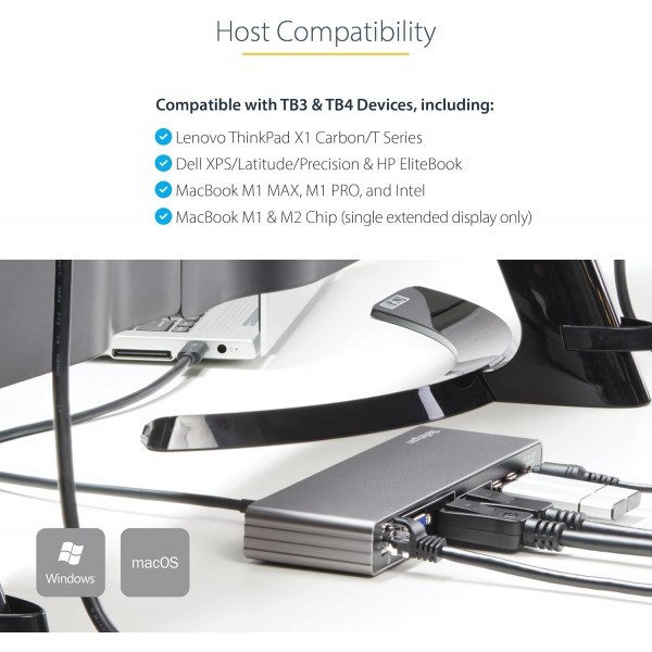 StarTech.com Thunderbolt 3 Dock - 듀얼 4K 60Hz 모니터 TB3 노트북 도킹 스테이션(DisplayPort, HDMI 및 1080p VGA 포함) - 85W 전력 공급 및 충전 - 2x USB-A, 이더넷 - Mac 및 Windows(TB3DK2DHVUE)