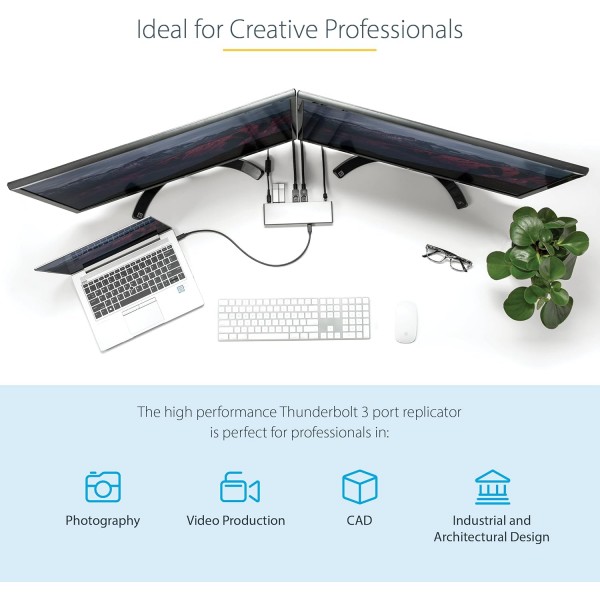StarTech.com Thunderbolt 3 Dock - 듀얼 4K 60Hz 모니터 TB3 노트북 도킹 스테이션(DisplayPort, HDMI 및 1080p VGA 포함) - 85W 전력 공급 및 충전 - 2x USB-A, 이더넷 - Mac 및 Windows(TB3DK2DHVUE)