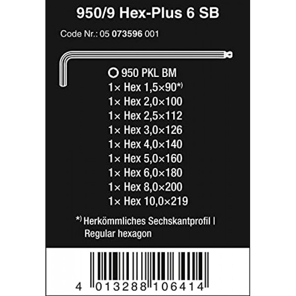 Wera - 5073596001 육각형 950 PKL/9 BM SB L 키 세트, BlackLaser, 볼펜 육각 키, 9개