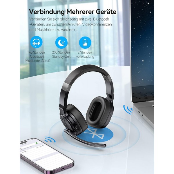 마이크가 있는 TECKNET Bluetooth 헤드셋, USB 동글 소음 제거 싱글 및 듀얼 이어 헤드셋 무선, 3가지 EQ 음악 모드, 콜 센터용 PC 헤드셋, 사무실, 트럭 운전사, Zoom, Microsoft Team