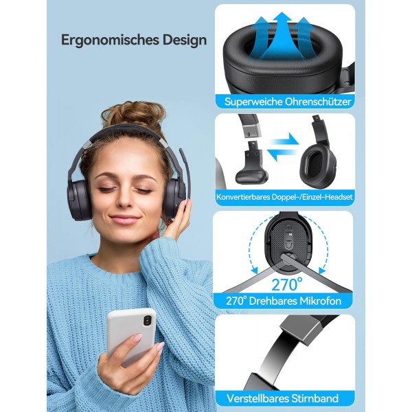 마이크가 있는 TECKNET Bluetooth 헤드셋, USB 동글 소음 제거 싱글 및 듀얼 이어 헤드셋 무선, 3가지 EQ 음악 모드, 콜 센터용 PC 헤드셋, 사무실, 트럭 운전사, Zoom, Microsoft Team