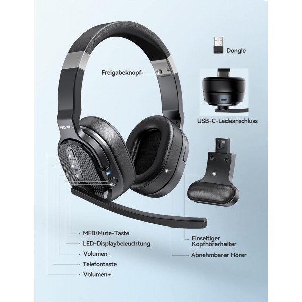 마이크가 있는 TECKNET Bluetooth 헤드셋, USB 동글 소음 제거 싱글 및 듀얼 이어 헤드셋 무선, 3가지 EQ 음악 모드, 콜 센터용 PC 헤드셋, 사무실, 트럭 운전사, Zoom, Microsoft Team