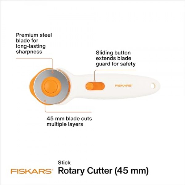 Fiskars 직물용 45mm 로터리 커터 - 프리미엄 스틱 로터리 커터 - 공예 용품 - 공예, 봉제 및 퀼팅 프로젝트 - 화이트