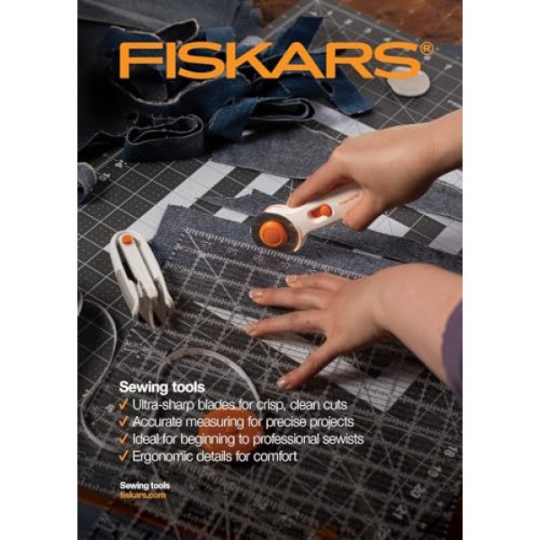 Fiskars 직물용 45mm 로터리 커터 - 프리미엄 스틱 로터리 커터 - 공예 용품 - 공예, 봉제 및 퀼팅 프로젝트 - 화이트
