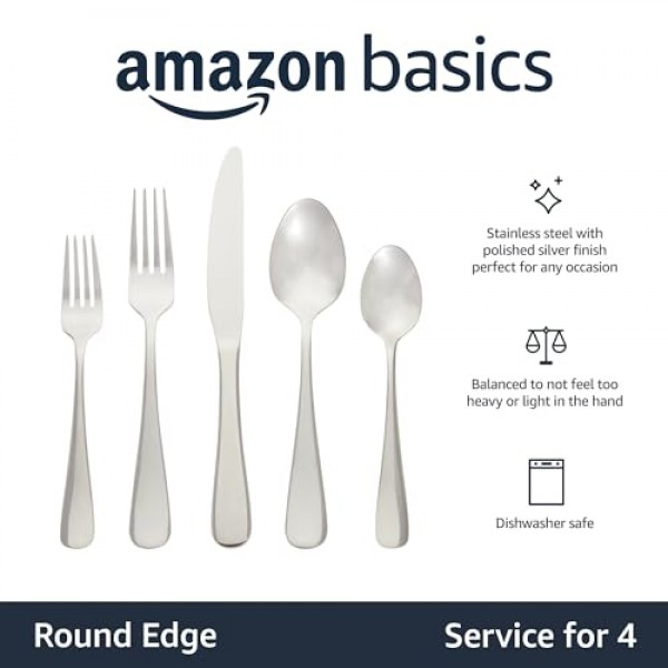Amazon Basics 20피스 스테인레스 스틸 플랫웨어 세트(둥근 모서리 포함), 4인 서비스, 실버
