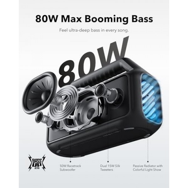 soundcore Boom 2 실외 스피커, 80W, 서브우퍼, BassUp 2.0, 24H 재생 시간, IPX7 방수, 플로팅 가능, RGB 조명, USB-C, 맞춤형 EQ, Bluetooth 5.3, 야외용, 캠핑, 해변 및 뒷마당용 휴대용
