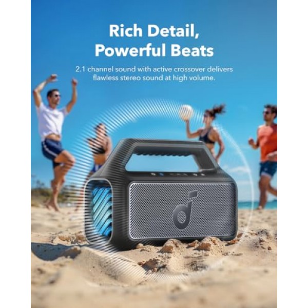 soundcore Boom 2 실외 스피커, 80W, 서브우퍼, BassUp 2.0, 24H 재생 시간, IPX7 방수, 플로팅 가능, RGB 조명, USB-C, 맞춤형 EQ, Bluetooth 5.3, 야외용, 캠핑, 해변 및 뒷마당용 휴대용
