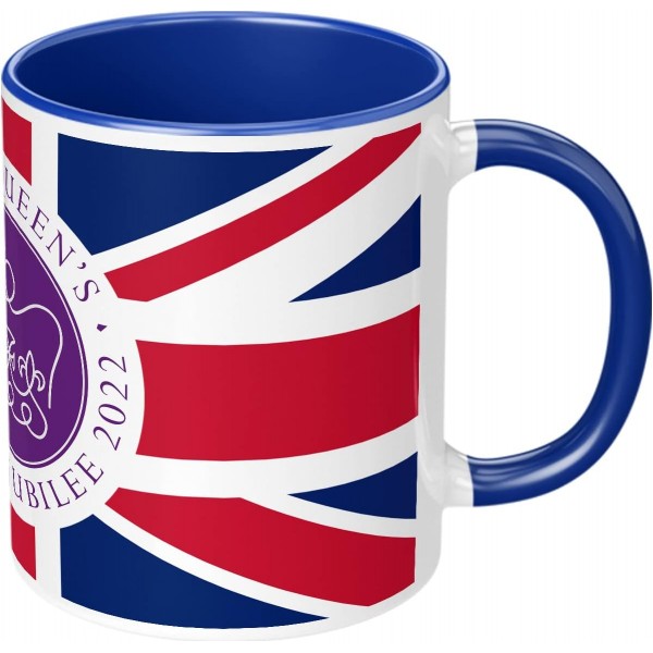 Print Maniacs Queens Platinum Jubilee Mug Gift Merchandise Memorabilia Souvenir 2022 Memorial Her Majesty 70 Years Union Jack Keepsake Street Garden Party Cup (Blue Fill Mug)