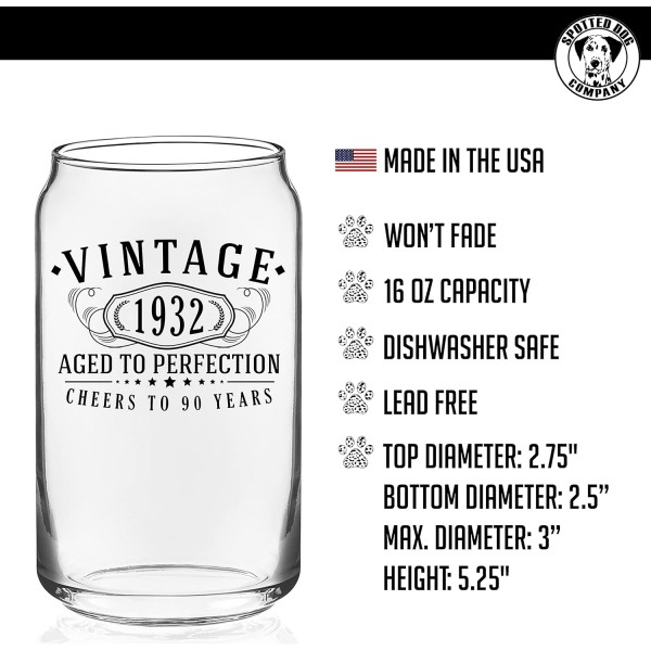 빈티지 1932 인쇄 16oz 맥주 캔 유리 - 완벽함을 추구하는 90주년 선물 - 90주년 기념