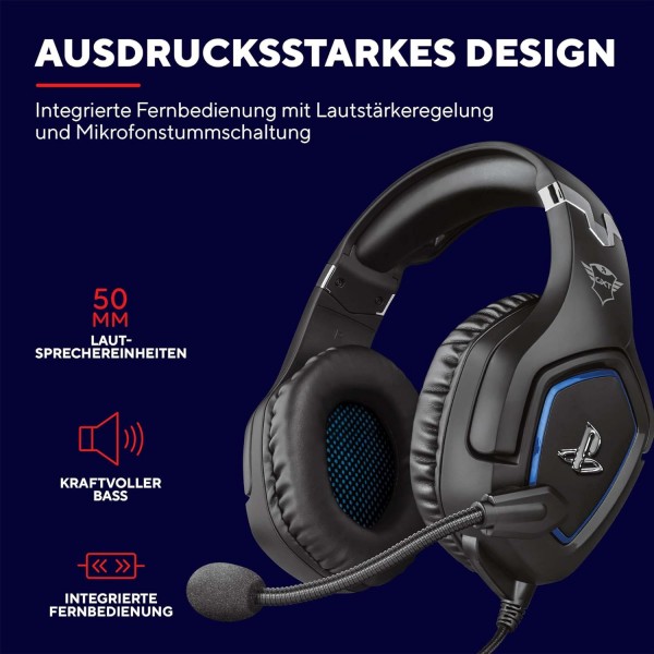 Trust Gaming Headset GXT 488 Forze - Playstation 공식 라이선스 - PS4 및 PS5 헤드셋, 접이식 마이크 및 조절식 헤드밴드, 3.5mm, 케이블 포함 오버이어 헤드폰 - 블랙 Forze 유선 헤드셋