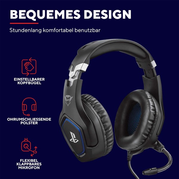Trust Gaming Headset GXT 488 Forze - Playstation 공식 라이선스 - PS4 및 PS5 헤드셋, 접이식 마이크 및 조절식 헤드밴드, 3.5mm, 케이블 포함 오버이어 헤드폰 - 블랙 Forze 유선 헤드셋