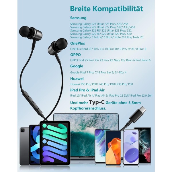 USB C 헤드폰, 마이크 케이블이 있는 USB C 헤드폰 USB C 헤드셋 인이어 이어폰 유형 c for Samsung S23 S22 Ultra S21 S20 A53 A54 A33 A34 5G OnePlus 11 10 Pro Google Pixel 6a 7 Pro iPad 10