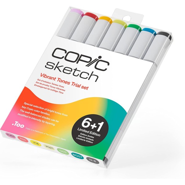 COPIC Sketch Marker Vibrant Tones Trial Set, 6+1 Colors, Limited Edition, Bold Vibrant Tones, Super Brush Tip 및 Medium Broad Tip 포함