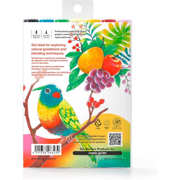 COPIC Sketch Marker Vibrant Tones Trial Set, 6+1 Colors, Limited Edition, Bold Vibrant Tones, Super Brush Tip 및 Medium Broad Tip 포함