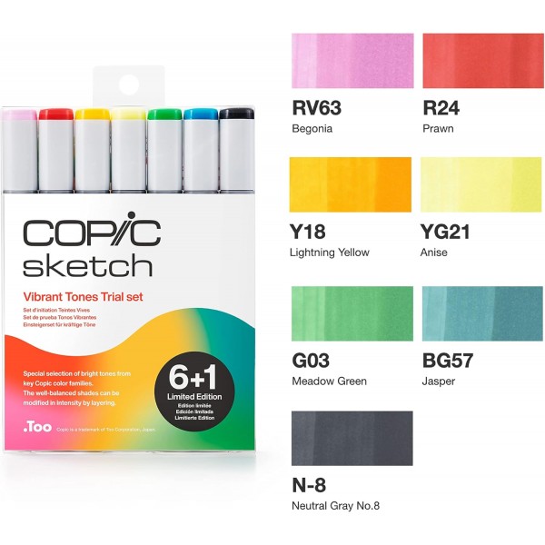 COPIC Sketch Marker Vibrant Tones Trial Set, 6+1 Colors, Limited Edition, Bold Vibrant Tones, Super Brush Tip 및 Medium Broad Tip 포함