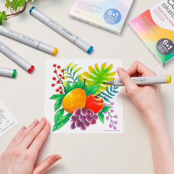 COPIC Sketch Marker Vibrant Tones Trial Set, 6+1 Colors, Limited Edition, Bold Vibrant Tones, Super Brush Tip 및 Medium Broad Tip 포함