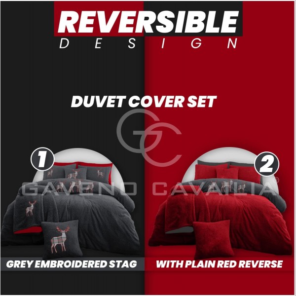 Teddy Emb Stag Duvet Cover Quilt Set, Snuggle Warm Reversible Fleece Bedding, Double, Charcoal/Red Emb-charcoal/Red Double