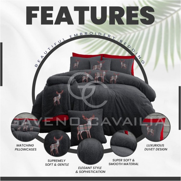Teddy Emb Stag Duvet Cover Quilt Set, Snuggle Warm Reversible Fleece Bedding, Double, Charcoal/Red Emb-charcoal/Red Double