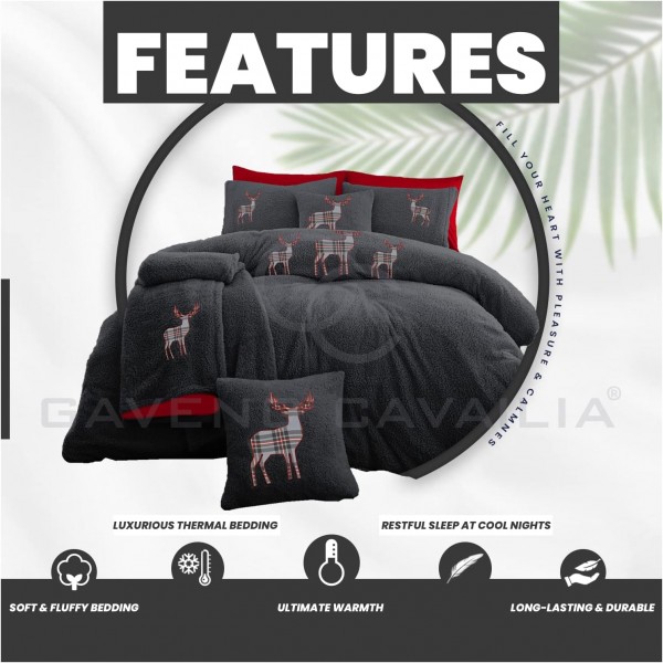 Teddy Emb Stag Duvet Cover Quilt Set, Snuggle Warm Reversible Fleece Bedding, Double, Charcoal/Red Emb-charcoal/Red Double