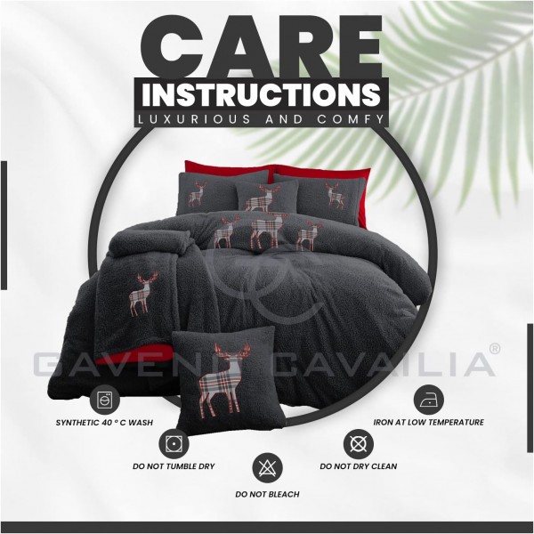 Teddy Emb Stag Duvet Cover Quilt Set, Snuggle Warm Reversible Fleece Bedding, Double, Charcoal/Red Emb-charcoal/Red Double