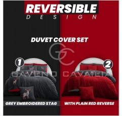 Teddy Emb Stag Duvet Cover Quilt Set, Snuggle Warm Reversible Fleece Bedding, Double, Charcoal/Red Emb-charcoal/Red Double