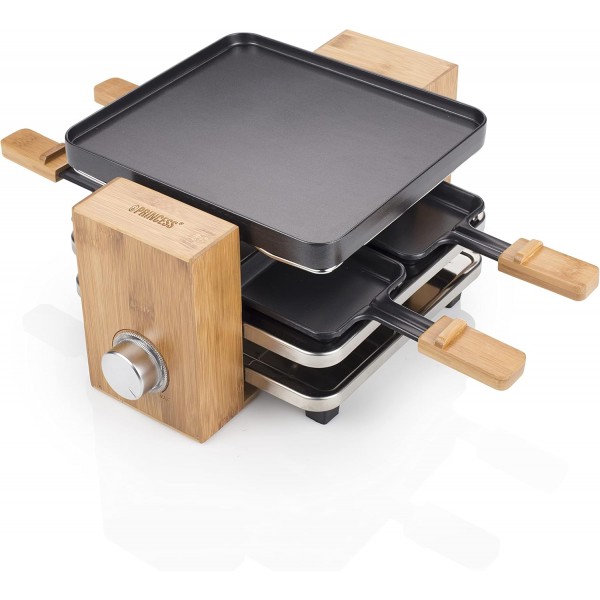 대나무 디자인의 Princess raclette 그릴 - 최대 4인용, 온도 조절 장치, 700와트, 팬 4개 및 주걱, 162900