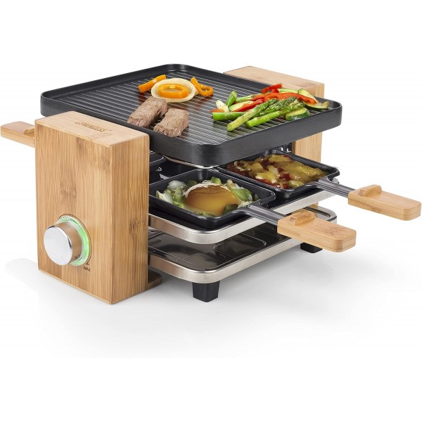 대나무 디자인의 Princess raclette 그릴 - 최대 4인용, 온도 조절 장치, 700와트, 팬 4개 및 주걱, 162900