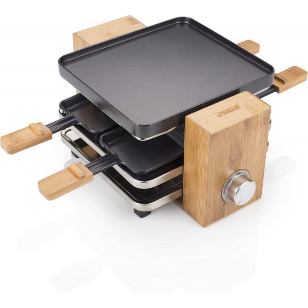대나무 디자인의 Princess raclette 그릴 - 최대 4인용, 온도 조절 장치, 700와트, 팬 4개 및 주걱, 162900