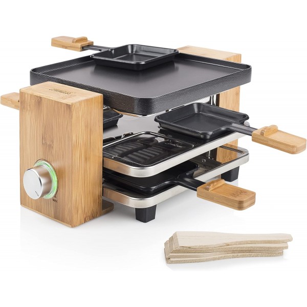 대나무 디자인의 Princess raclette 그릴 - 최대 4인용, 온도 조절 장치, 700와트, 팬 4개 및 주걱, 162900