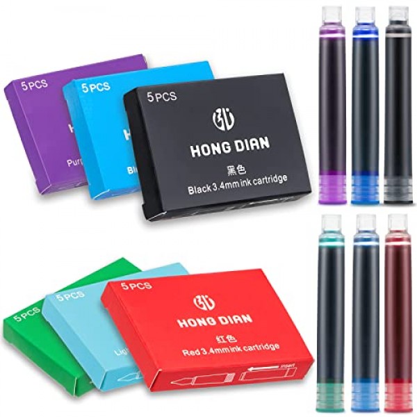 Asvine 30 PCS Hongdian 만년필 잉크 카트리지 6 색 세트 (검정색, 파란색, 녹색, 빨간색, 보라색, 하늘색, 3.4mm 보어 직경)