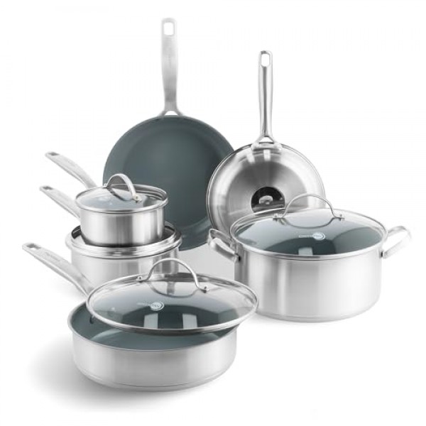 GreenPan Treviso 스테인레스 스틸 건강 세라믹 논스틱, 10피스 조리기구 냄비 및 팬 세트, PFAS 없음, 클래드, 인덕션, 식기세척기 사용 가능, 실버