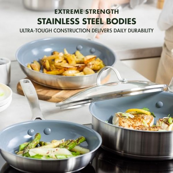 GreenPan Treviso 스테인레스 스틸 건강 세라믹 논스틱, 10피스 조리기구 냄비 및 팬 세트, PFAS 없음, 클래드, 인덕션, 식기세척기 사용 가능, 실버