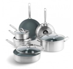 GreenPan Treviso 스테인레스 스틸 건강 세라믹 논스틱, 10피스 조리기구 냄비 및 팬 세트, PFAS 없음, 클래드, 인덕션, 식기세척기 사용 가능, 실버