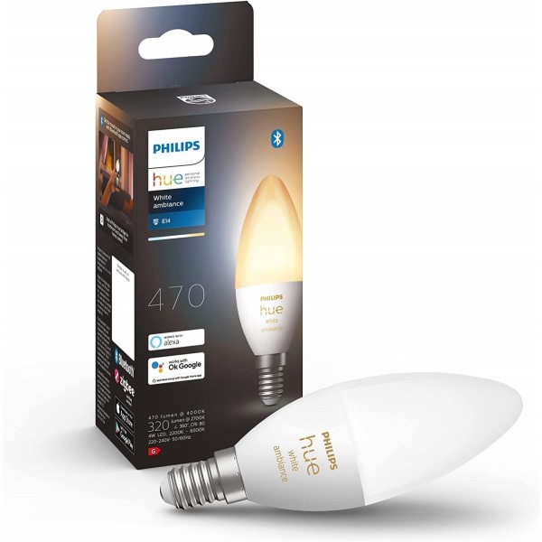 Philips Hue White Ambiance E14 램프 단일 팩 320lm, 디머블 및 디머 스위치, 액세서리 시스템, 설치 없이 무선 디밍, 조명 장면 검색