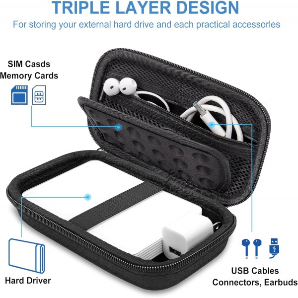 SanDisk Extreme 휴대용 SSD용 하드 케이스 외장형 하드 드라이브 USB 케이블 가방 전자 방수 여행용 가방 운반 케이스 19 x 11 x 6cm 검정