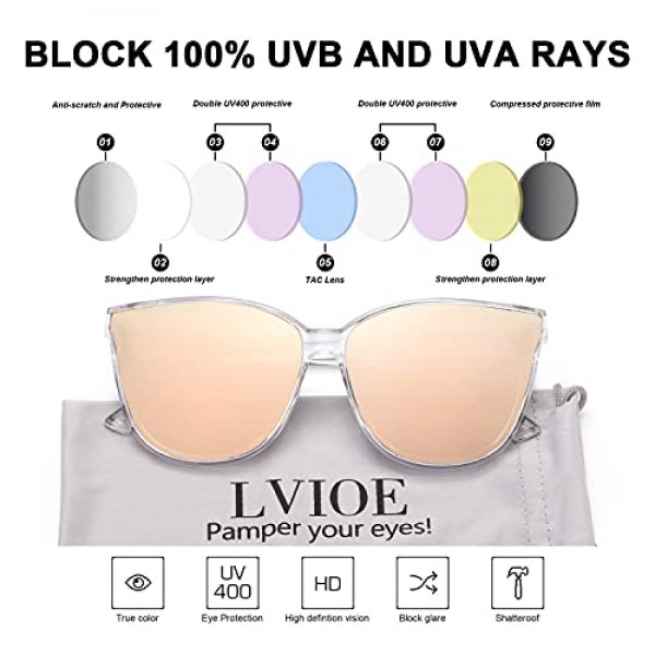 고양이 눈 프레임이 있는 Lvioe 선글라스, 여성 패션 선글라스, UV400 보호, 대형