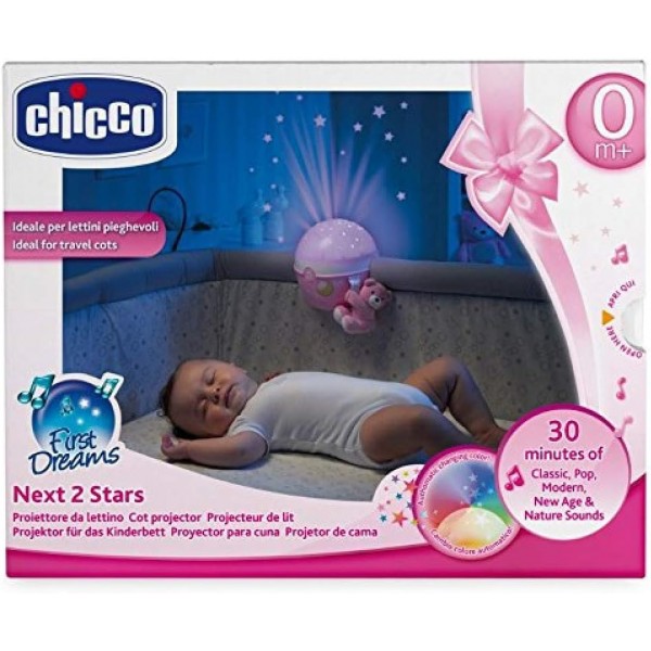 Chicco Next2Stars 베이비 나이트 라이트 - 플러시 장난감 - 유아용 침대 및 유아용 침대용 스타 라이트 프로젝터, 사운드 센서, 3가지 조명 효과 및 음악 포함 - 0개월 이상, 