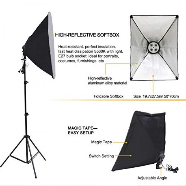 Wisamic Photo Studio 소프트박스 세트, 2m x 3m 소프트박스, 연속 조명, 흰색 소프트 라이트 우산, 인물 사진용 반사판, 제품 사진 및 비디오 녹화 기능을 갖춘 배경 지원 시스