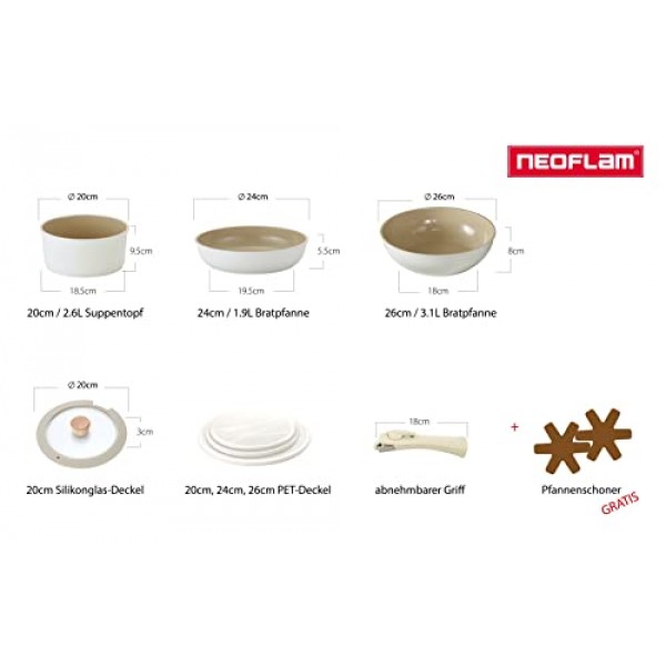 NEOFLAM® - Midas Plus 8피스 소스팬 및 팬 세트 - 천연 Ecolon® 점착 방지 코팅, PFAS 없음, 인덕션 쿠커에 적합, 탈착식 손잡이, 오븐 안전, 청소 용이