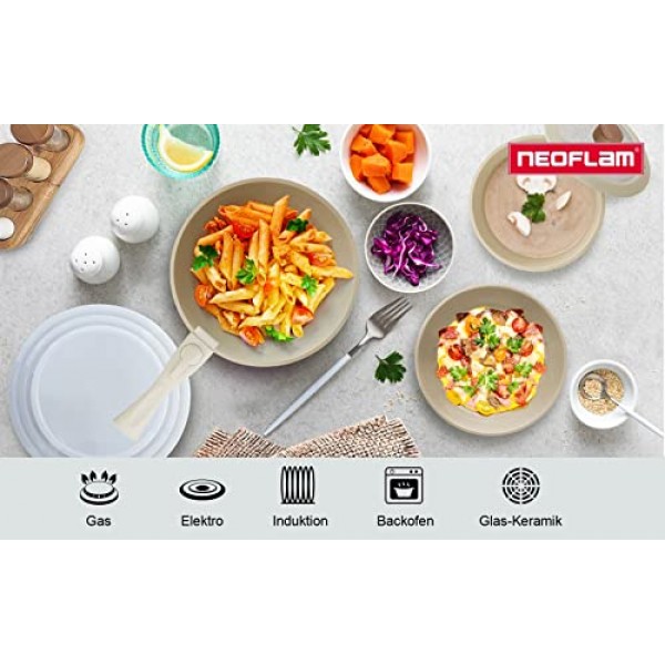 NEOFLAM® - Midas Plus 8피스 소스팬 및 팬 세트 - 천연 Ecolon® 점착 방지 코팅, PFAS 없음, 인덕션 쿠커에 적합, 탈착식 손잡이, 오븐 안전, 청소 용이