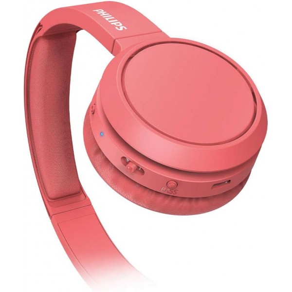 베이스 부스트 버튼이 있는 PHILIPS 온이어 헤드폰 H4205RD/00(블루투스, 29시간 재생, 고속 충전, 소음 차단, 접이식), 레드 매트 레드 온이어 무선 2020/2021