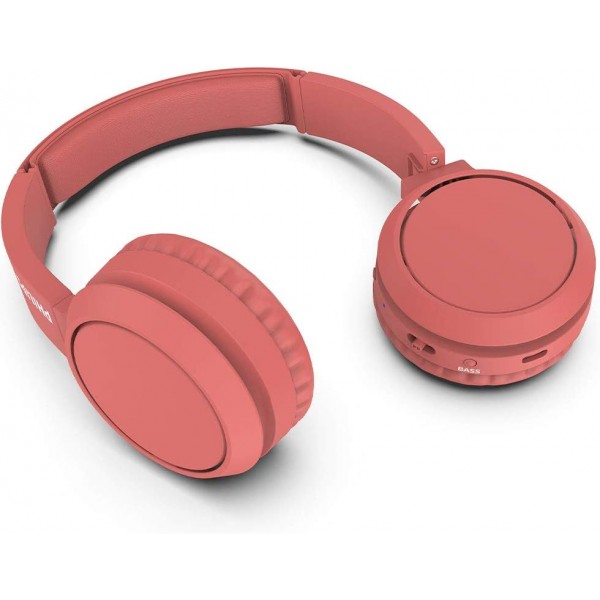 베이스 부스트 버튼이 있는 PHILIPS 온이어 헤드폰 H4205RD/00(블루투스, 29시간 재생, 고속 충전, 소음 차단, 접이식), 레드 매트 레드 온이어 무선 2020/2021