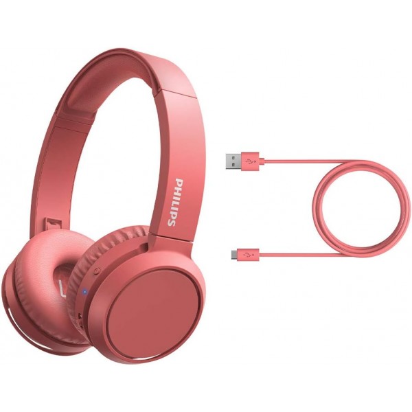 베이스 부스트 버튼이 있는 PHILIPS 온이어 헤드폰 H4205RD/00(블루투스, 29시간 재생, 고속 충전, 소음 차단, 접이식), 레드 매트 레드 온이어 무선 2020/2021