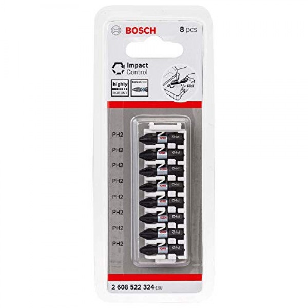 Bosch 2608522324 드라이버 비트 세트, 8개, 육각 샤프트 0.25인치(6.35mm), 홈 생크 0.4인치(9mm), PH2 x 25mm)