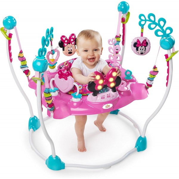 Bright Starts, Disney Baby, Minnie Mouse Peekaboo Baby Activity Jumper & Bouncer, 조명과 멜로디가 포함된 인터랙티브 플레이 센터, 도어 점퍼 - 패딩 시트가 있는 Bounce 'n Spring Deluxe