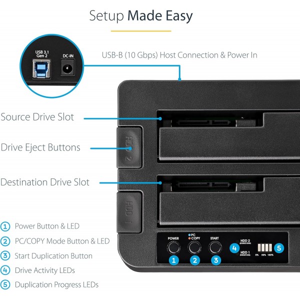 StarTech.com 독립형 하드 드라이브 복제기, 듀얼 베이 HDD/SSD 클로너/복사기, USB 3.1(10Gbps) - SATA III HDD/SSD 도킹 스테이션, 하드 디스크 복제기 도크, 하드 드라이브 클로너(SD